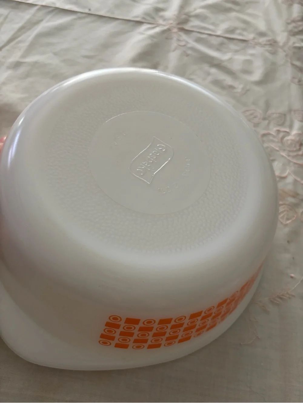 Glassbake White Casserole and Mixing Bowl Set with Orange Geometric Pattern